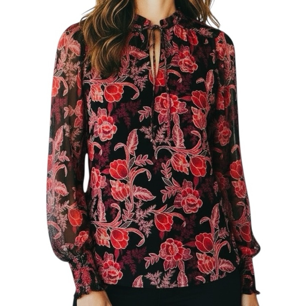 NWT WHITE HOUSE BLACK MARKET Floral Sheer Long Sleeve Tie Blouse Size Medium